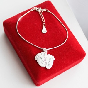 Srebrna Bransoletka Dwie Stópki na Łańcuszku Grawer