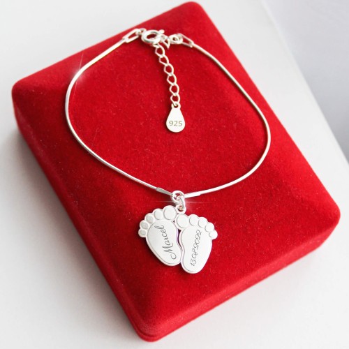 Srebrna Bransoletka Dwie Stópki na Łańcuszku Grawer