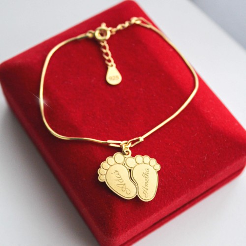Złota Bransoletka Dwie Stópki na Łańcuszku Grawer