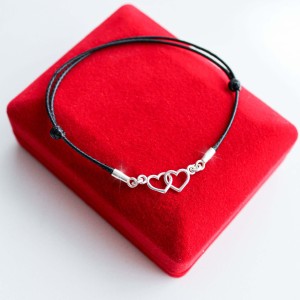 Srebrna Bransoletka Dwa Serduszka na Sznurku