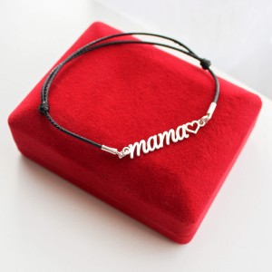 Srebrna Bransoletka Mama z Sercem na Sznurku 925