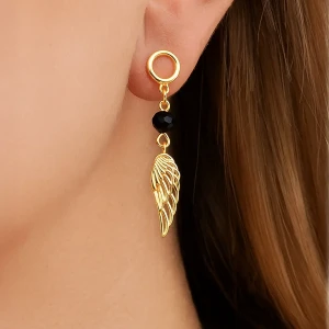 Złote Kolczyki Skrzydła z Czarnym Spinelem 925