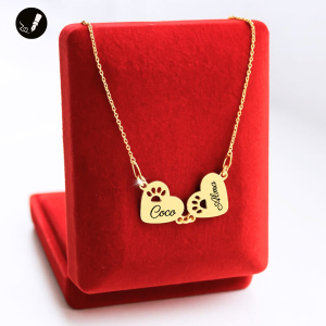 Złoty Naszyjnik Dwa Serca z Łapką Psa / Kota 925