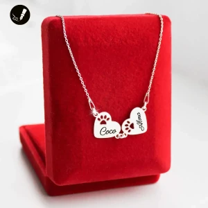 Srebrny Naszyjnik Dwa Serca z Łapką Psa / Kota 925