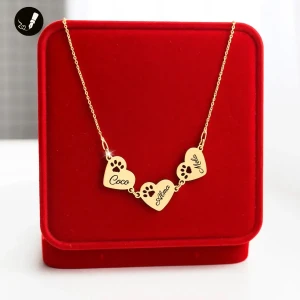 Złoty Naszyjnik Trzy Serca z Łapką Psa / Kota 925