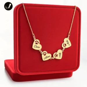 Złoty Naszyjnik Cztery Serca z Łapką Psa / Kota 925