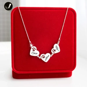 Srebrny Naszyjnik Trzy Serca z Łapką Psa / Kota 925