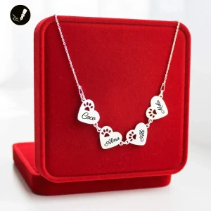Srebrny Naszyjnik Cztery Serca z Łapką Psa / Kota 925