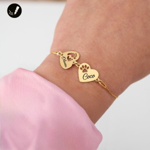 Złota Bransoletka Dwa Serca Stópki + Łapka na łańcuszku 925