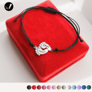 Srebrna Bransoletka Stópki Dziecka z Niebieskim Kamieniem na Sznurku 925