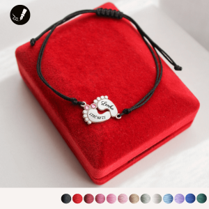 Srebrna Bransoletka Stópki Dziecka z Rózowym Kamieniem na Sznurku 925