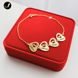 Złota Bransoletka Cztery Serca Stópki na Łańcuszku 925