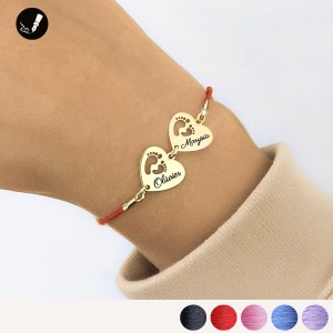 Złota Bransoletka Dwa Serca ze Stópkami na Sznurku 925