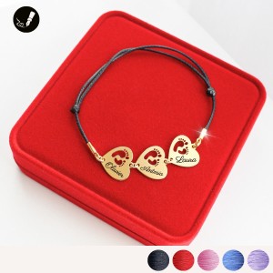 Złota Bransoletka Trzy Serca ze Stópkami na Sznurku 925