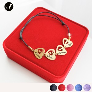 Złota Bransoletka Cztery Serca ze Stópkami na Sznurku 925