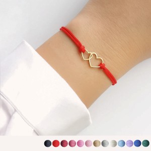 Złota Bransoletka ze Splecionymi Sercami na Sznurku 585