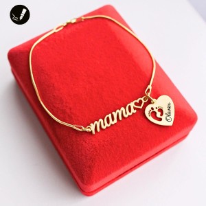 Złota Bransoletka Mama z Zawieszką Serce Stópki 925