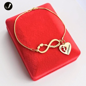 Złota Bransoletka Mama Nieskonczoność z Zawieszką Serce Stópki 925