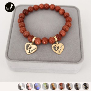 Złota Bransoletka z Grawerem dla Mamy z Kamieni z 2 Zawieszkami do Wyboru