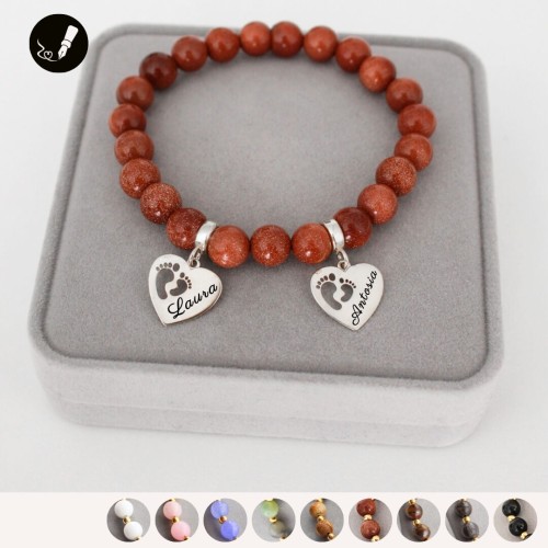 Srebrna Bransoletka z Grawerem dla Mamy z Kamieni z 2 Zawieszkami do Wyboru