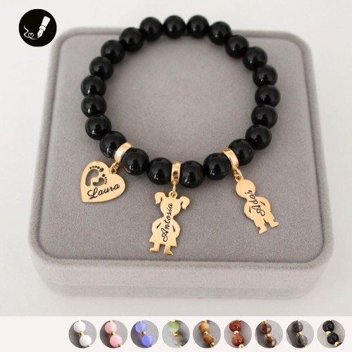 Złota Bransoletka z Grawerem dla Mamy z Kamieni z 3 Zawieszkami do Wyboru