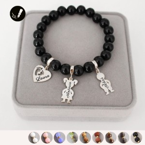 Srebrna Bransoletka z Grawerem dla Mamy z Kamieni z 3 Zawieszkami do Wyboru