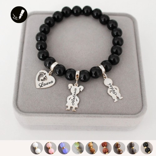 Srebrna Bransoletka z Grawerem dla Mamy z Kamieni z 3 Zawieszkami do Wyboru