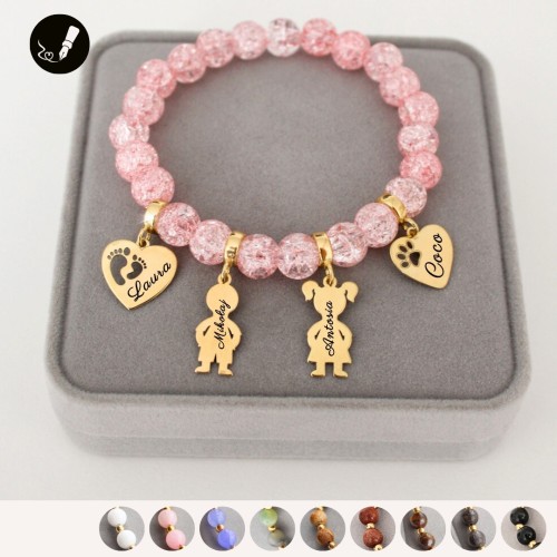 Złota Bransoletka z Grawerem dla Mamy z Kamieni z 4 Zawieszkami do Wyboru