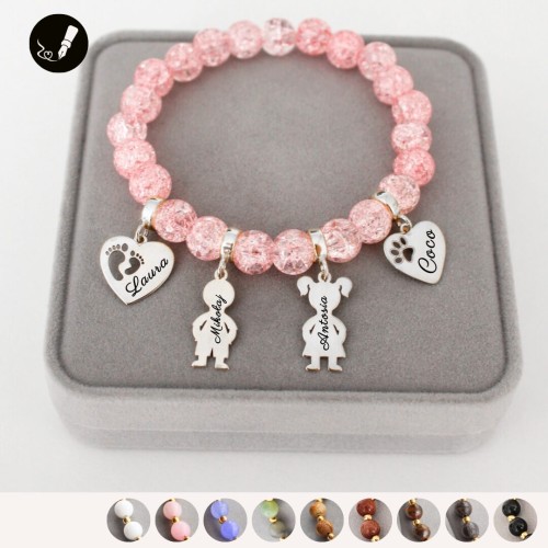 Srebrna Bransoletka z Grawerem dla Mamy z Kamieni z 4 Zawieszkami do Wyboru