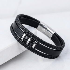 Bransoletka Męska Skórzana Srebrna Stal
