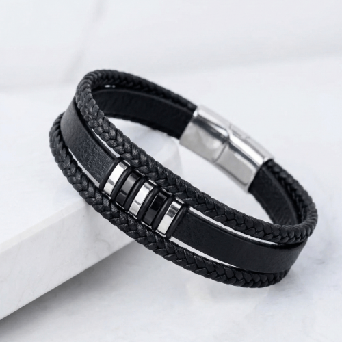 Bransoletka Męska Skórzana Srebrna Stal