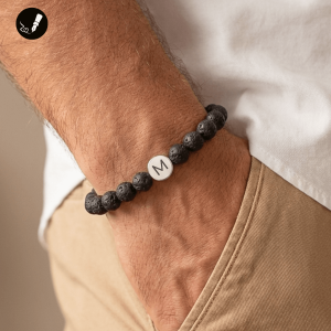 Bransoletka Męska z Kamieni Lawa Wulkaniczna z Grawerem