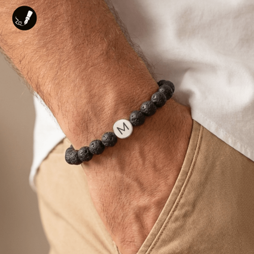 Bransoletka Męska z Kamieni Lawa Wulkaniczna z Grawerem