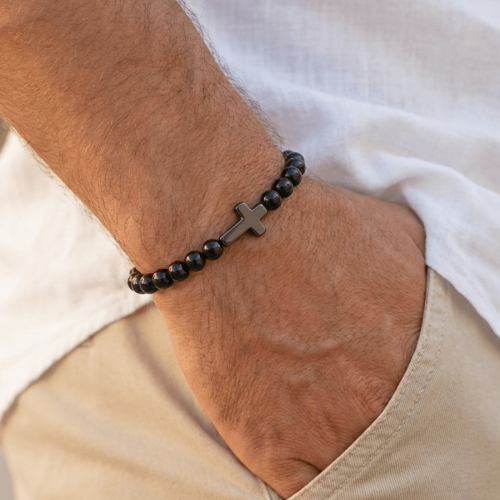 Bransoletka Męska z Onyksu z Krzyżykiem