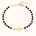 Złota Bransoletka z Krzyżykiem z Czarnymi Koralikami Stal
