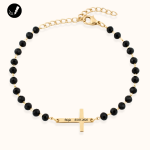Złota Bransoletka z Krzyżykiem z Czarnymi Koralikami Stal