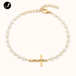 Złota Bransoletka z Krzyżykiem z Białymi Koralikami Stal