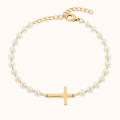 Złota Bransoletka z Krzyżykiem z Białymi Koralikami Stal