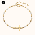 Złota Bransoletka z Krzyżykiem z Perełkami Stal