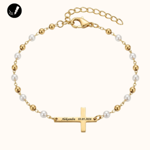 Złota Bransoletka z Krzyżykiem z Perełkami Stal