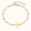 Złota Bransoletka z Krzyżykiem z Perełkami Stal