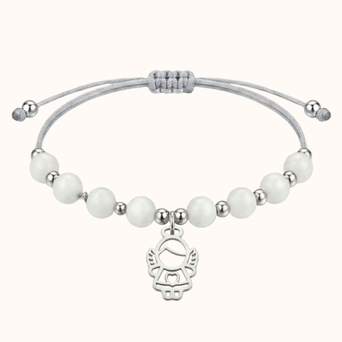 Srebrna Bransoletka z Aniołkiem na Sznurku z Kamieni 925