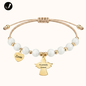 Złota Bransoletka z Aniołkiem i Sercem na Sznurku z Kamieni 925