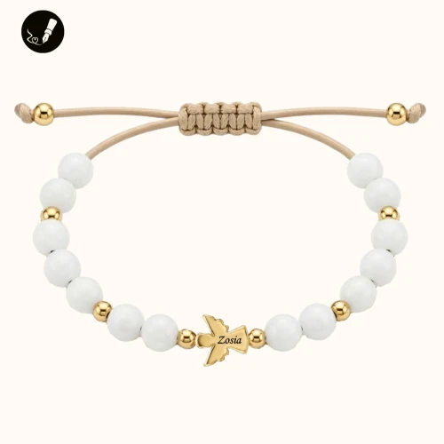 Złota Bransoletka z Aniołkiem na Sznurku z Kamieni Stal