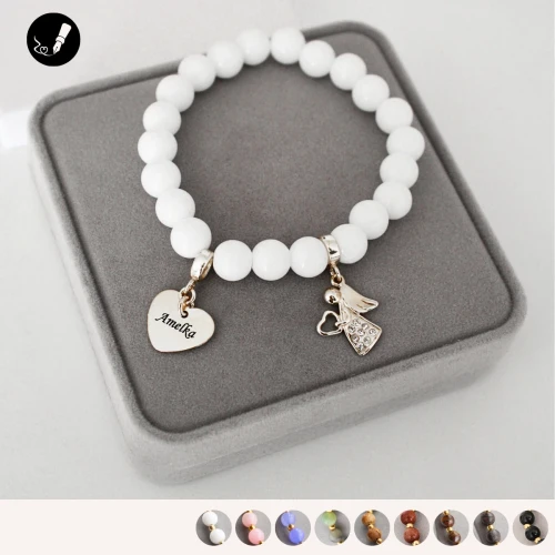 Bransoletka z Aniołkiem i Sercem z Kamieni - Pamiątka Komunii