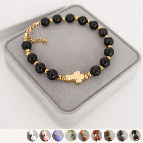 Złota Bransoletka Duży Różaniec na Rękę z Kamieni Stal