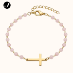 Złota Bransoletka z Krzyżykiem z Różowymi Koralikami Stal