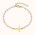 Złota Bransoletka z Krzyżykiem z Różowymi Koralikami Stal